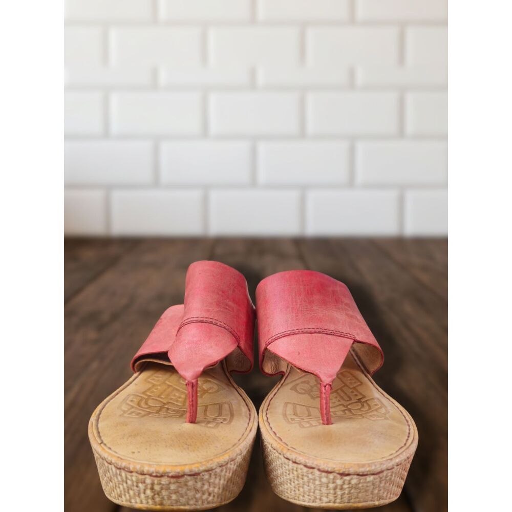 Vintage Born Handcrafted Red Leather Platform Wedge Thong Sandals